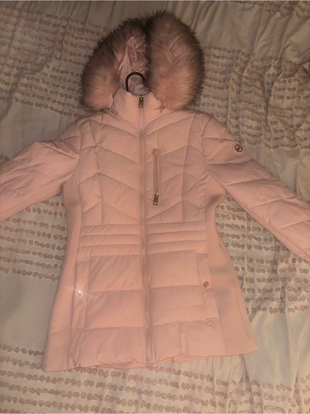 Michael Kors Pale Pink Quilted Hooded Puffer with Faux Fur Trim